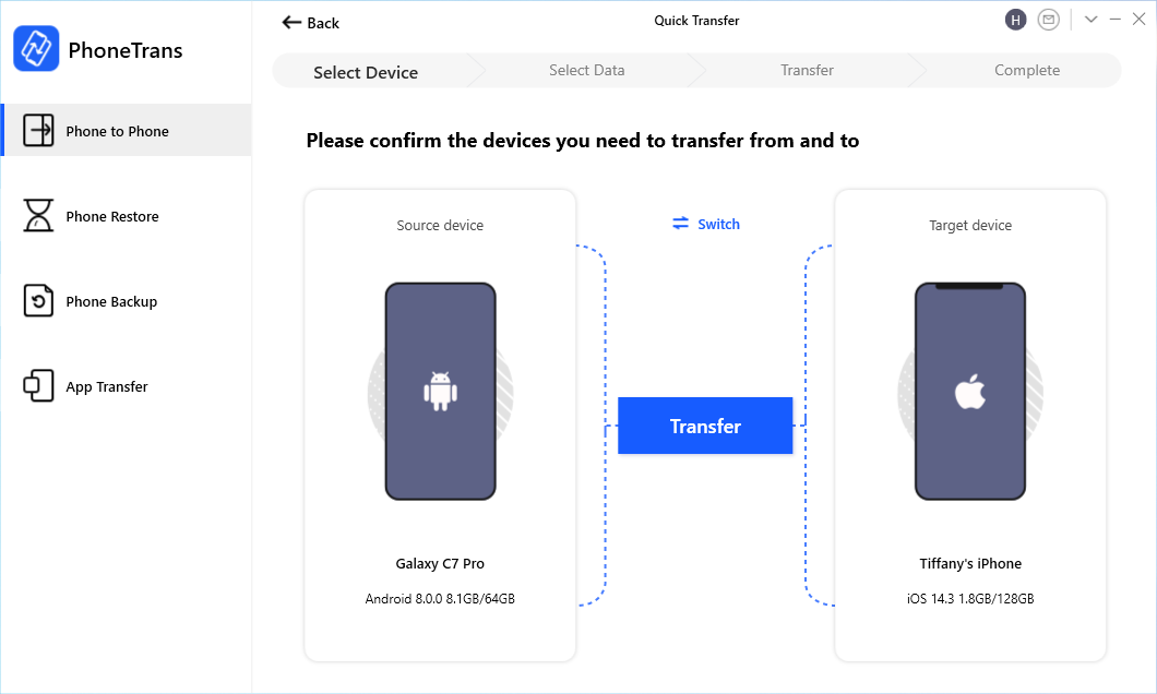 Confirm Android as Source Device and iPhone as Target Device