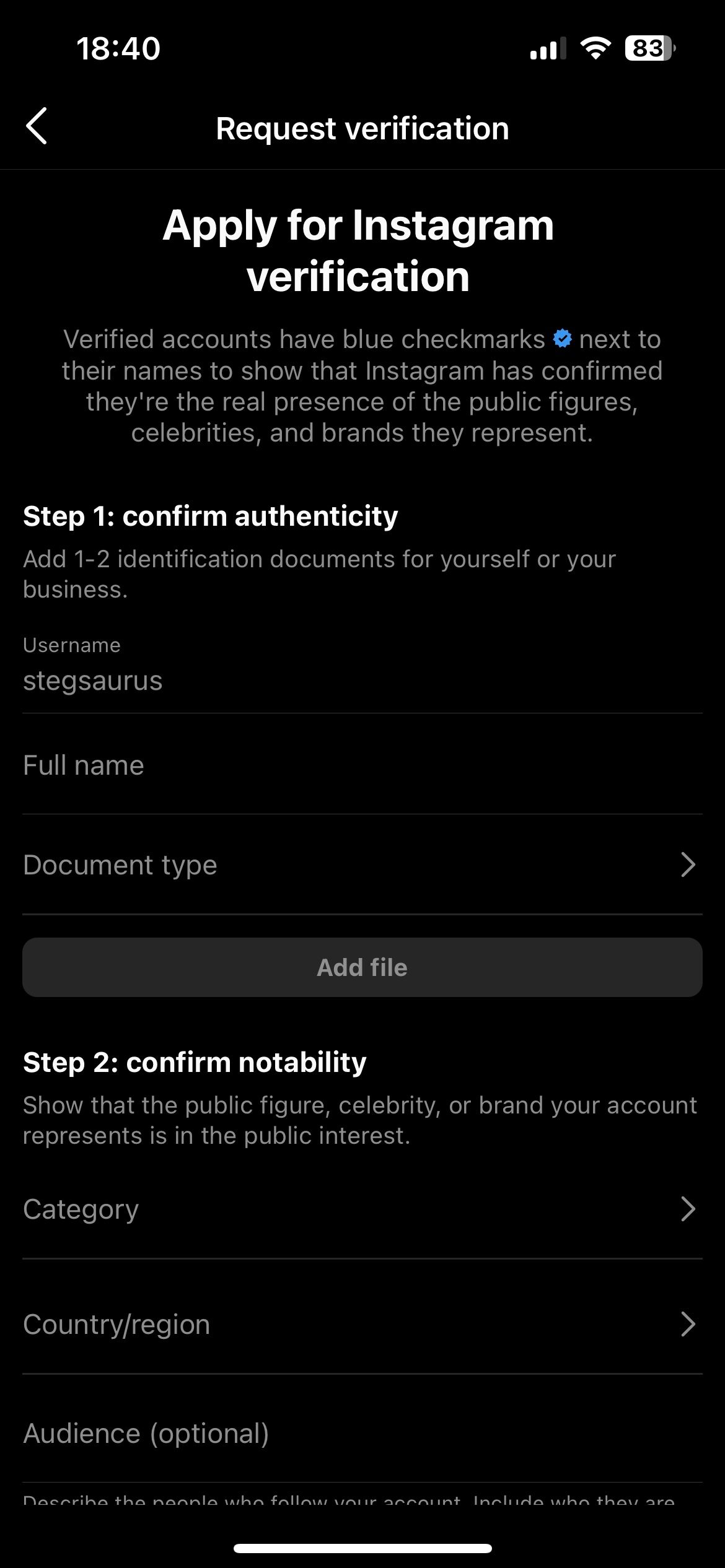 Jak uzyskać weryfikację na Instagramie 02a instagram verification form step 1