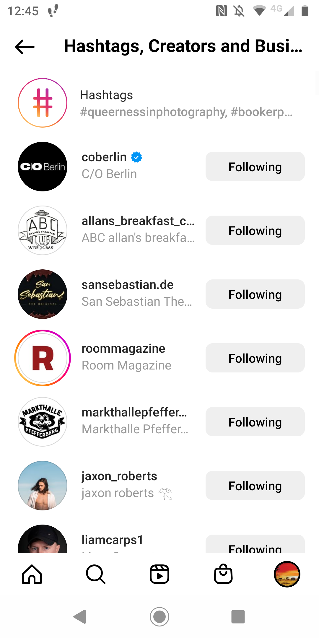 The main screen of the settings following Instagram