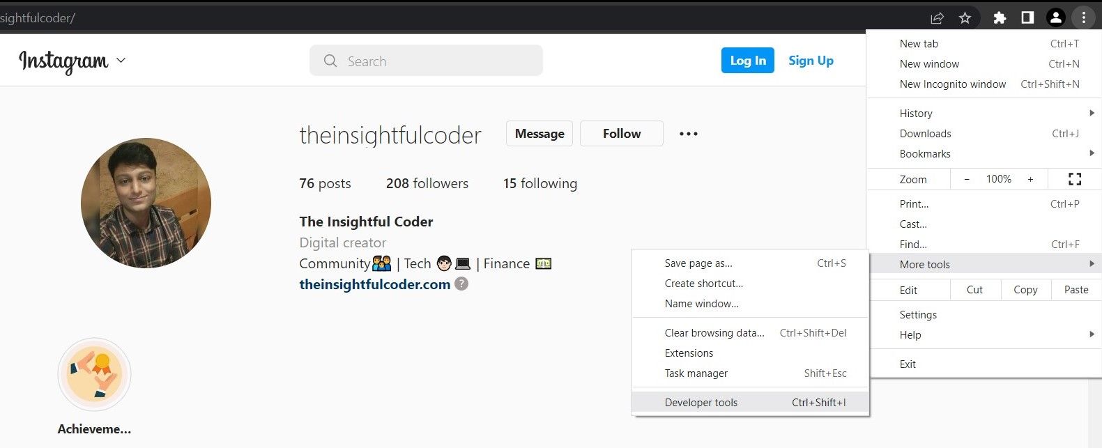 Jak pobrać zdjęcie profilowe na Instagramie za pomocą Pythona Developer tools chrome 1