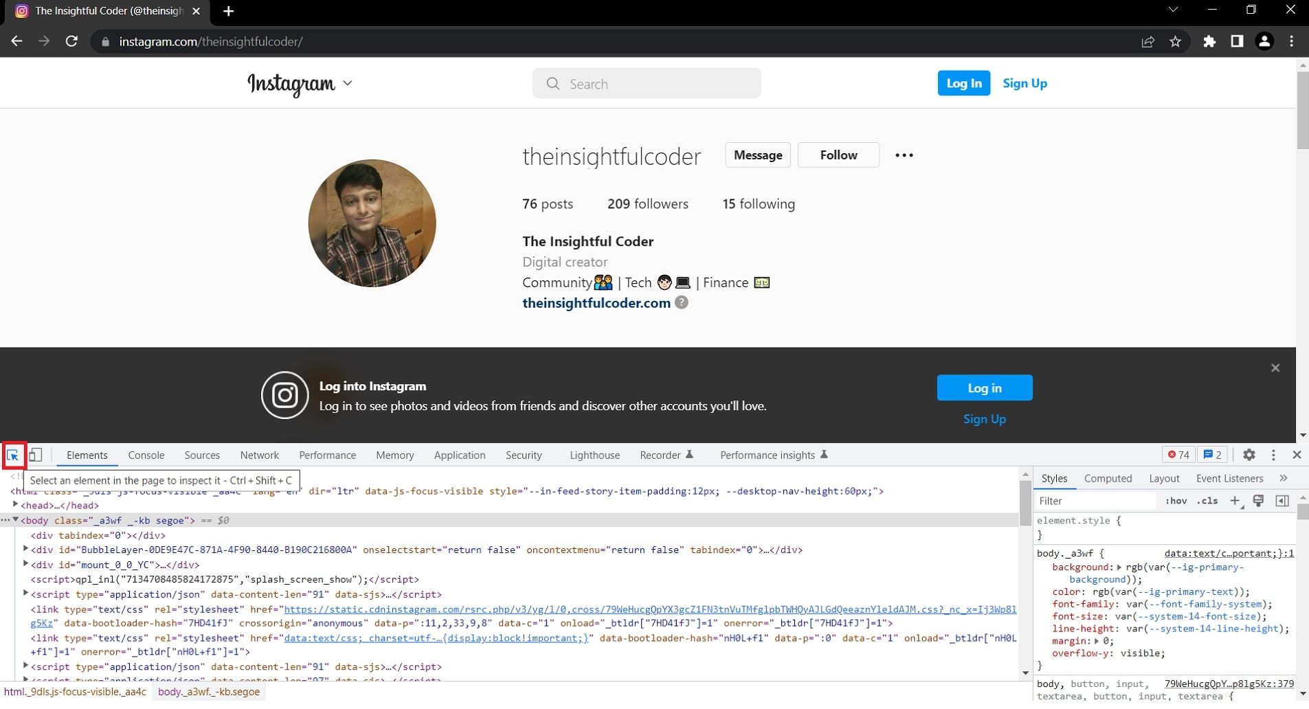 Jak pobrać zdjęcie profilowe na Instagramie za pomocą Pythona Element picker developer tools