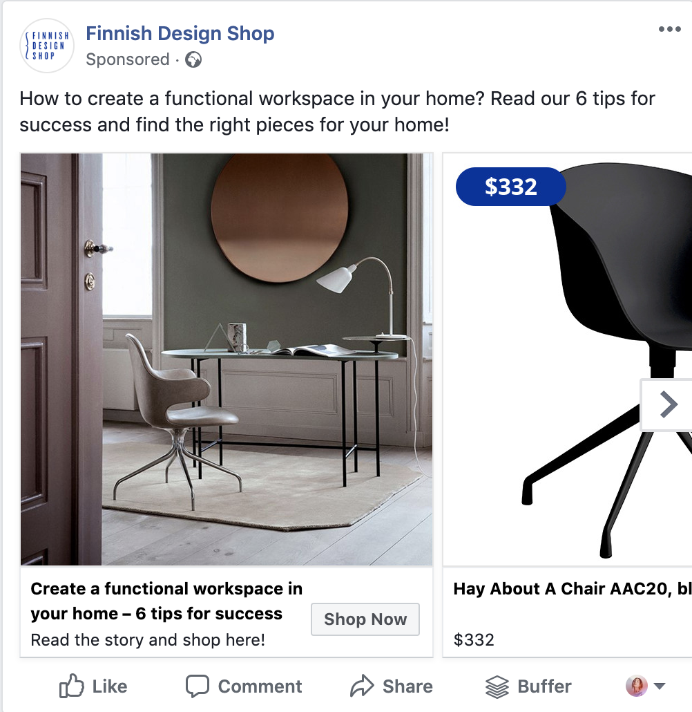 5 porad i przykładów dotyczących pisania potężnych nagłówków reklam na Facebooku: bezpłatne narzędzie w środku! Facebook ad headlines ask a aquestion finnish design shop ad