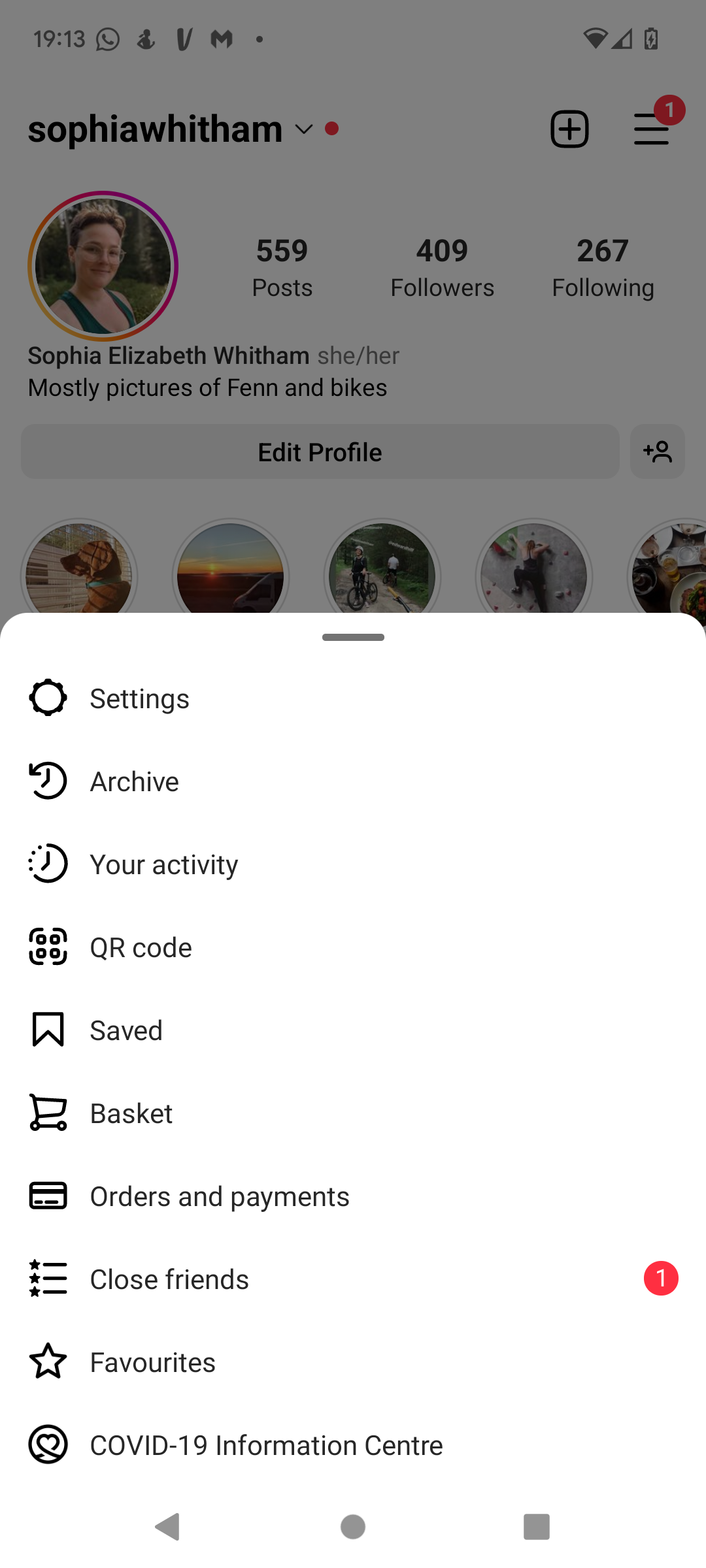 Captura de pantalla de la página de configuración de Instagram