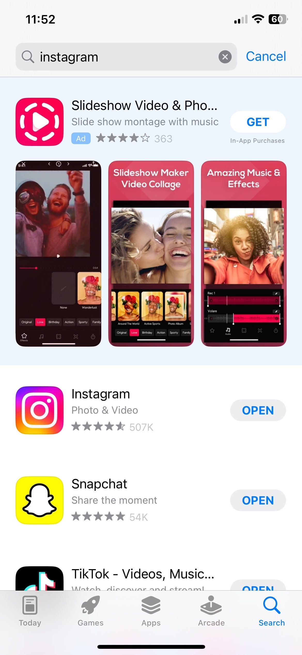 Search on Instagram in the app store