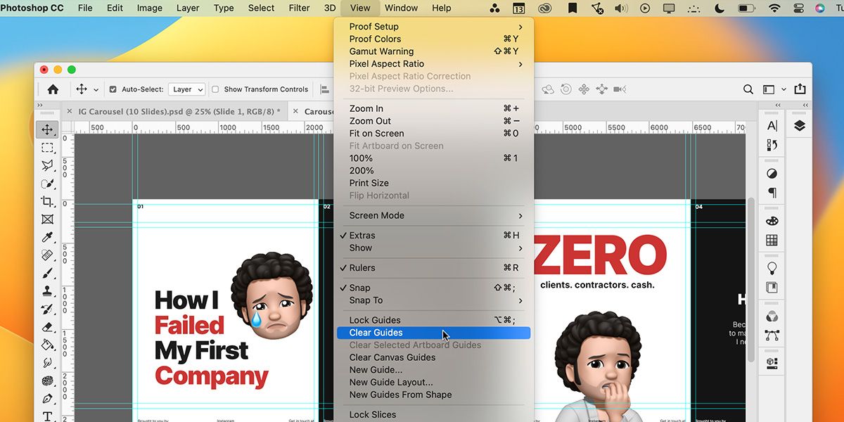 Jak tworzyć karuzele na Instagramie za pomocą programu Photoshop Clear guides from view menu