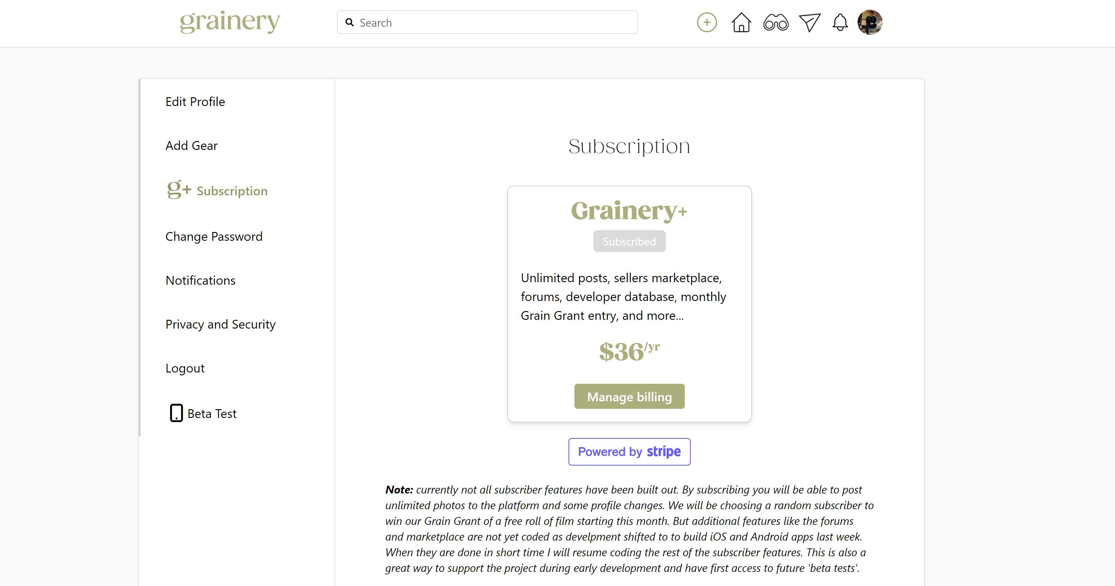 grainery+ plus Abonnement-Informationsseite in den Profileinstellungen auf der PC-Website