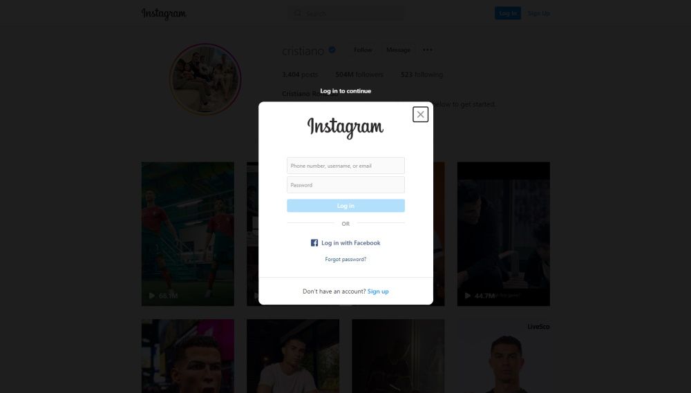 Zrzut ekranu strony logowania do konta na Instagramie