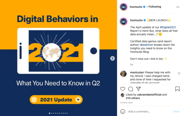 Hootsuite Instagram post tagging a partner in the caption (as an example of how to get more Instagram followers)