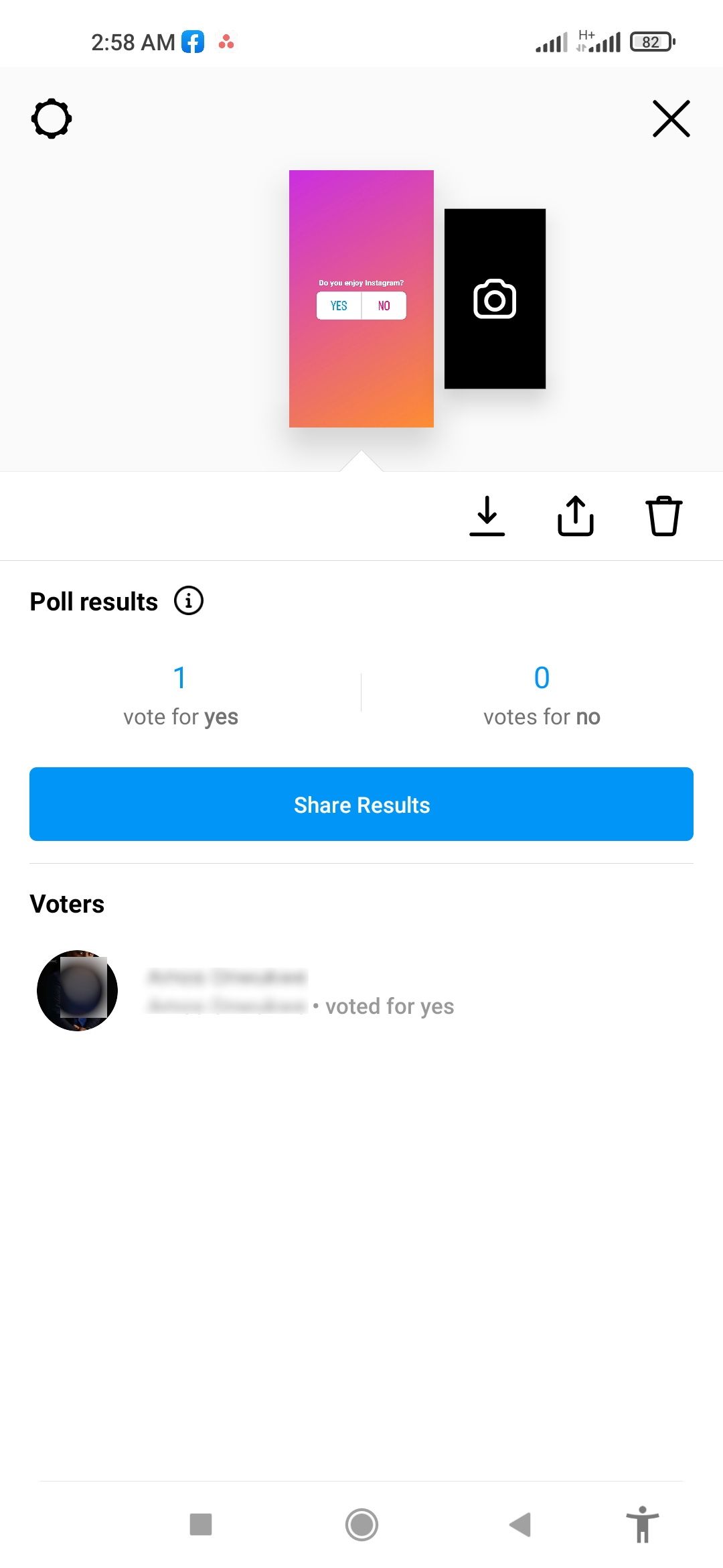 Wynik ankiety na Instagramie dotknij pobierz wyślij lub usuń