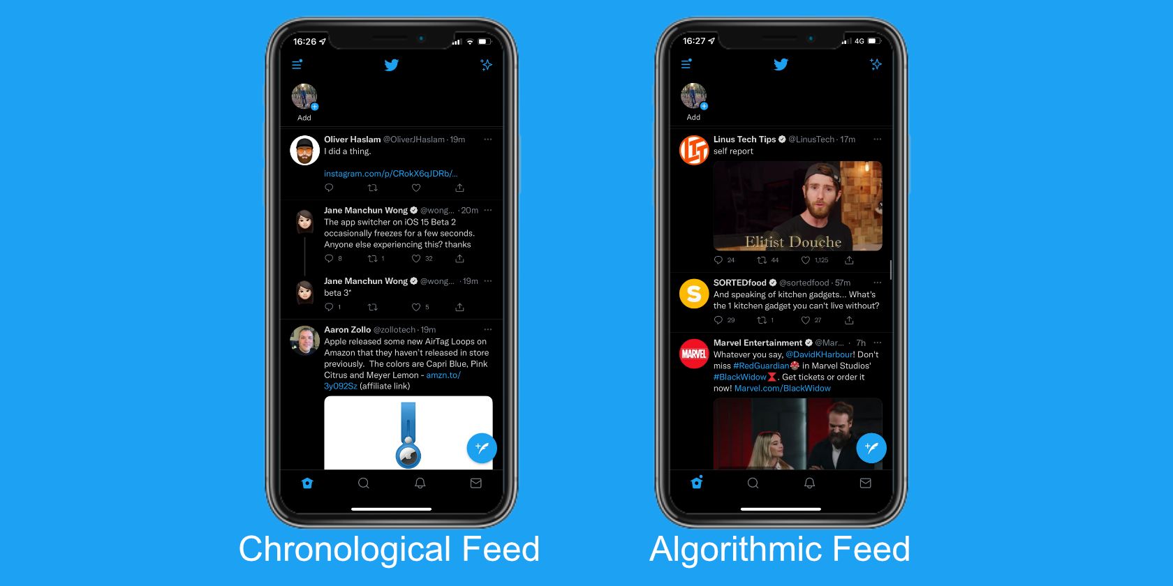 Jak wyłączyć kanały algorytmiczne na Twitterze, Instagramie i Facebooku Chronological vs algorithmic feed example