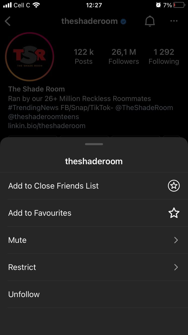 zrzut ekranu menu profilu theshaderoom na Instagramie