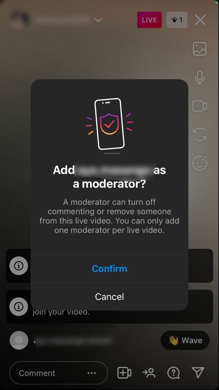 Jak dodać moderatorów do transmisji na żywo na Instagramie Screenshot showing confirmation prompt for adding instagram moderator