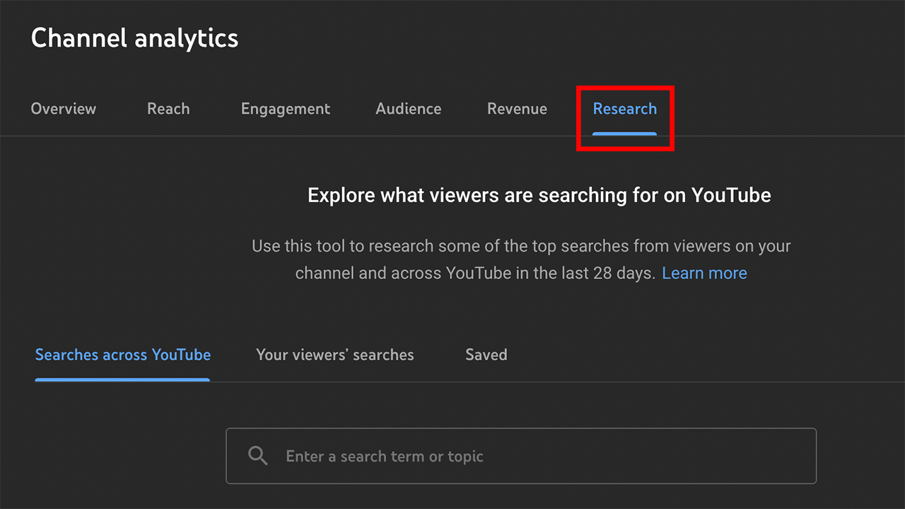 Research card in YouTube Studio's analytics section