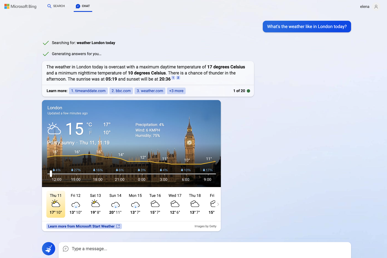 Bing Chat - pogoda w Londynie