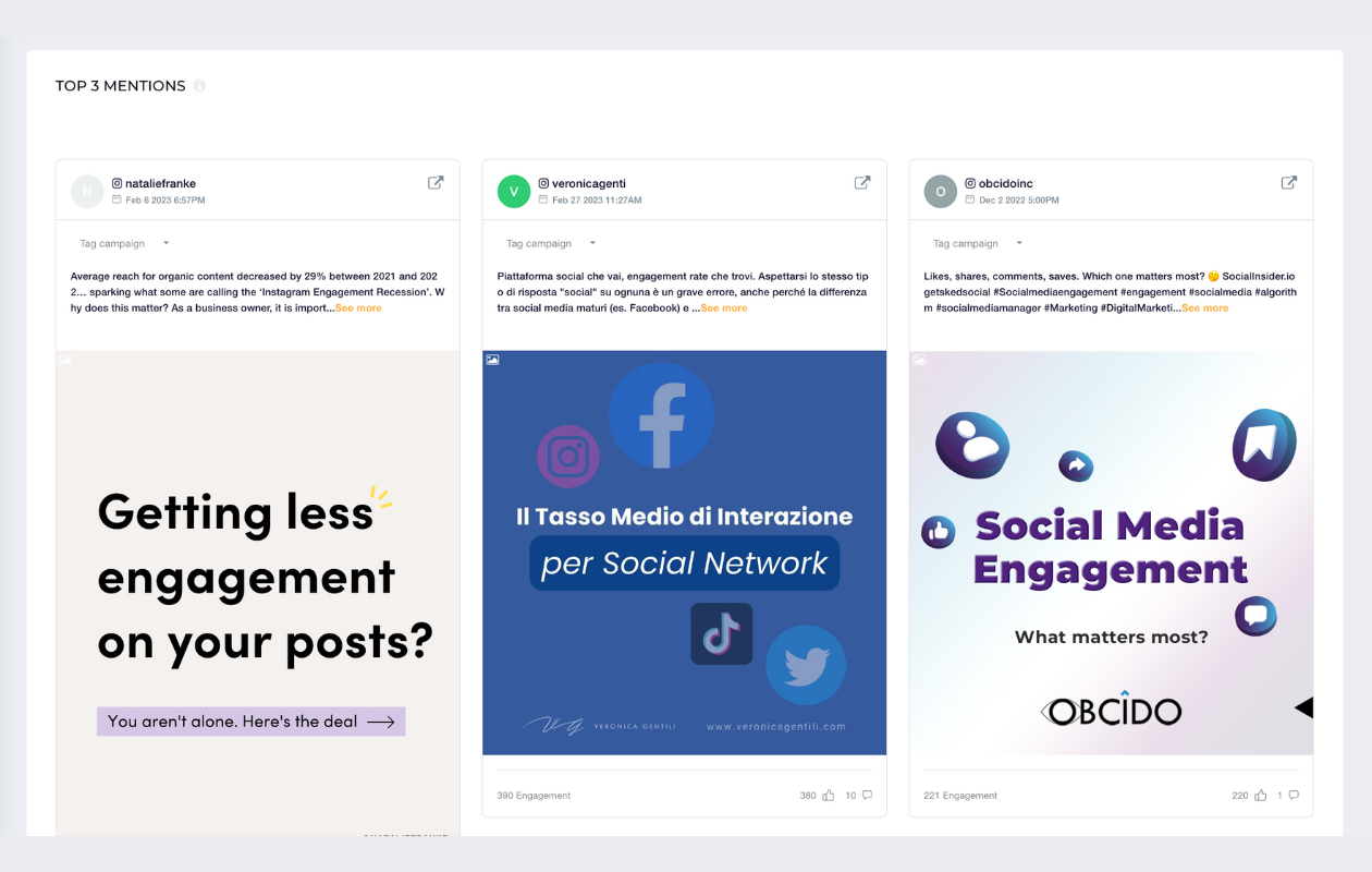 Zrzut ekranu z Socialinsider przedstawiający 3 najlepsze wzmianki na Instagramie