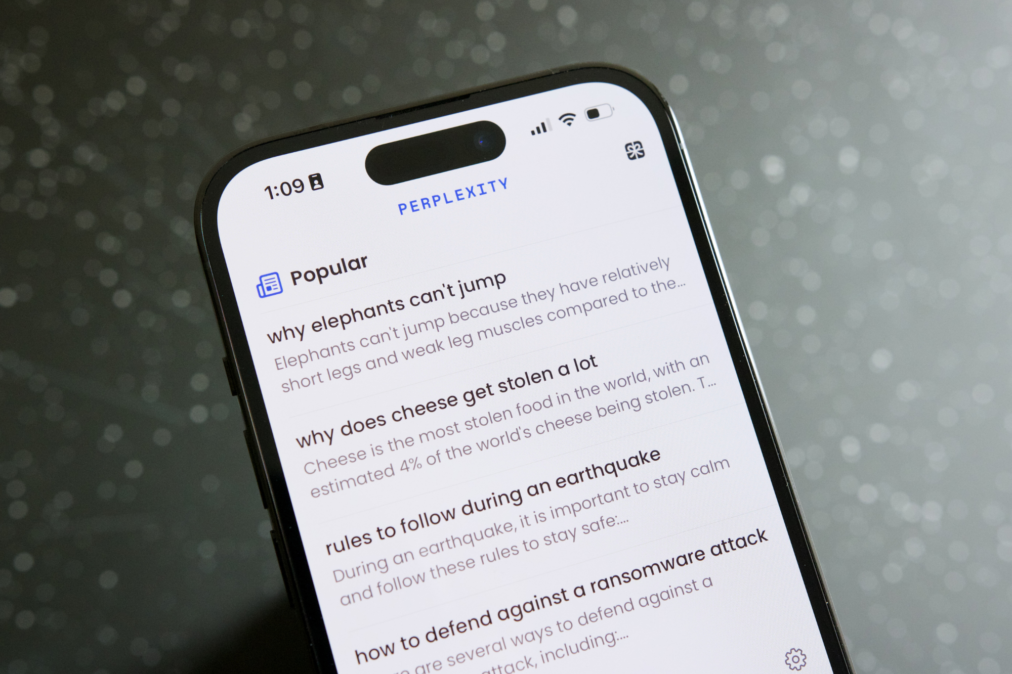 Perplexity AI running on an iPhone 14 Pro.